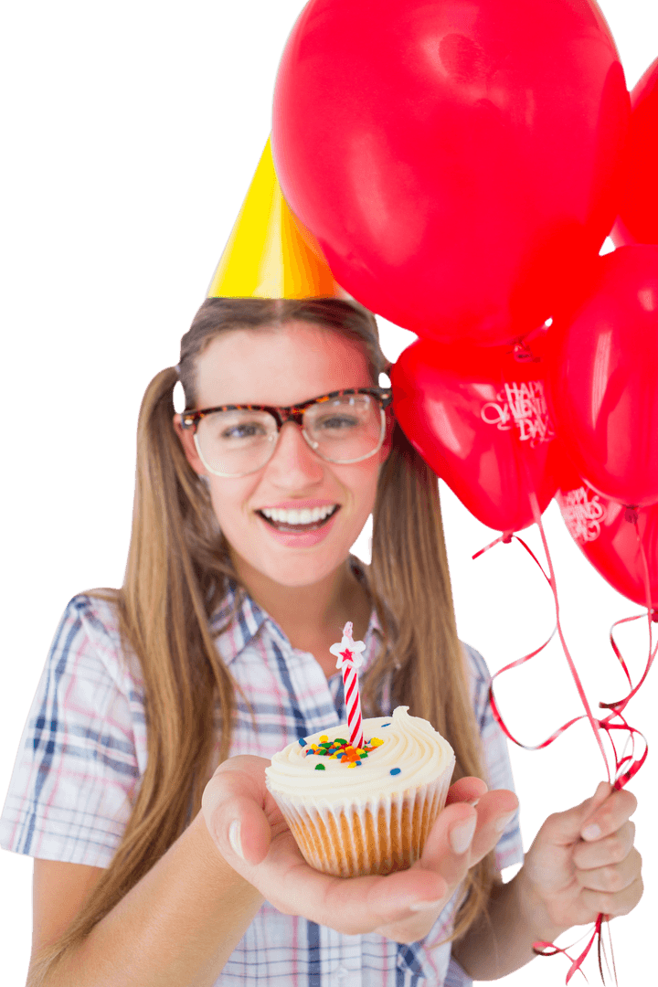 Transparent Celebration with Geeky Hipster Holding Cupcake