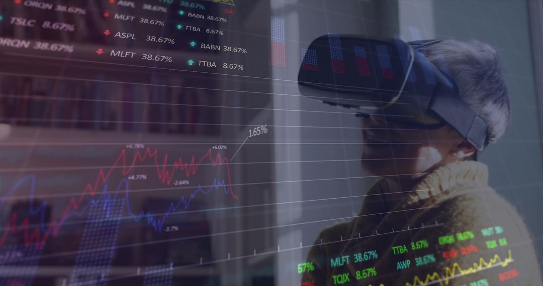 Woman Using VR for Analyzing Stock Market Data