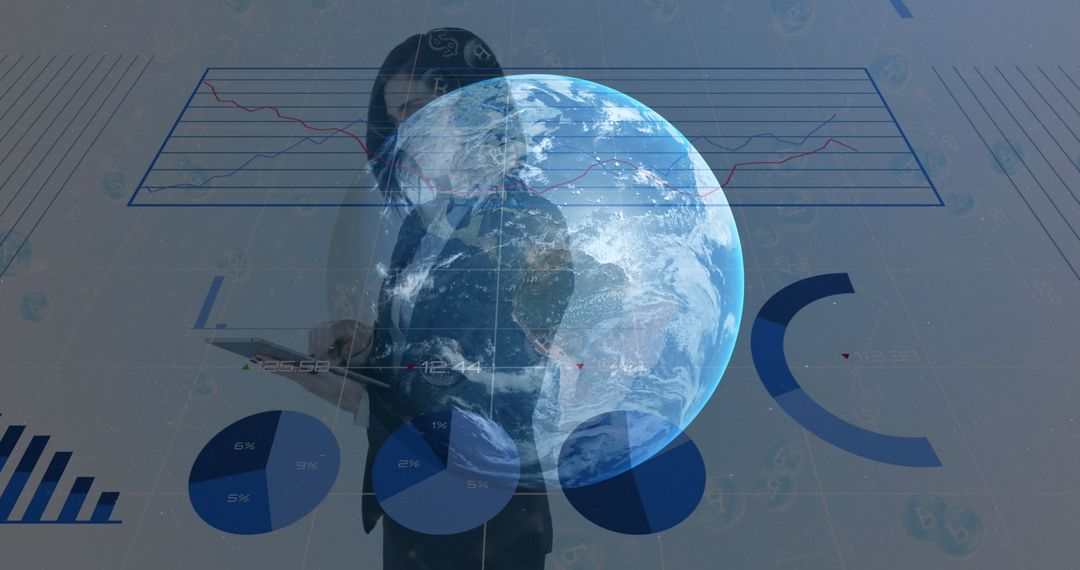 Businesswoman Analyzing Global Financial Data with Earth Overlay