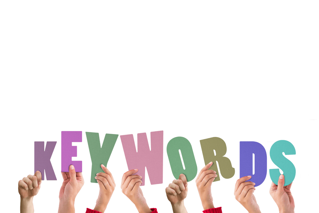 Diverse Hands Holding Keywords Message on Transparent Background