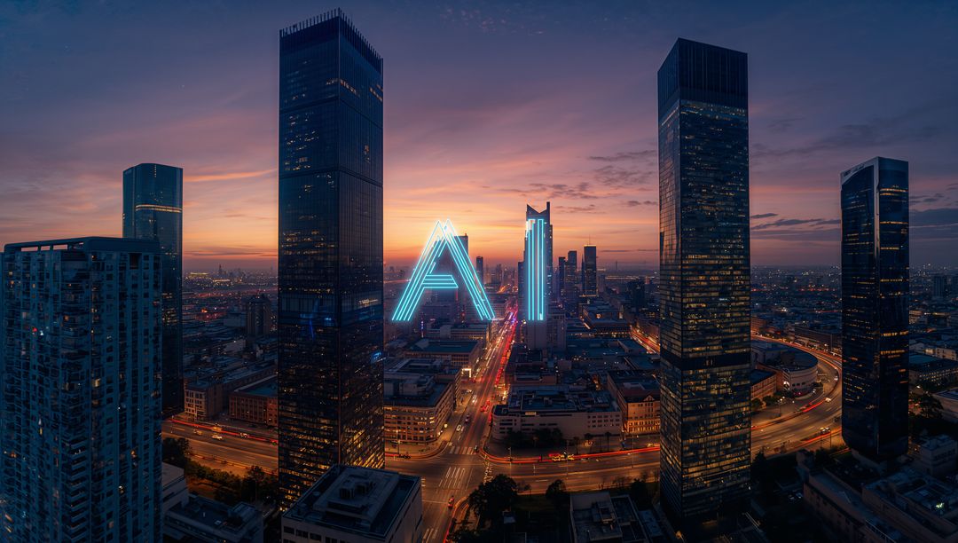 Futuristic Cityscape with Neon AI at Dusk