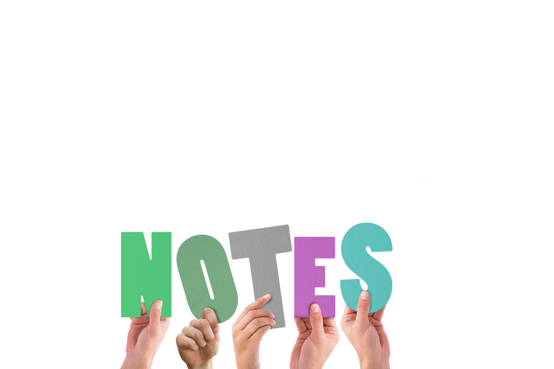 Diverse Hands Holding Colorful Notes Sign on Transparent Background