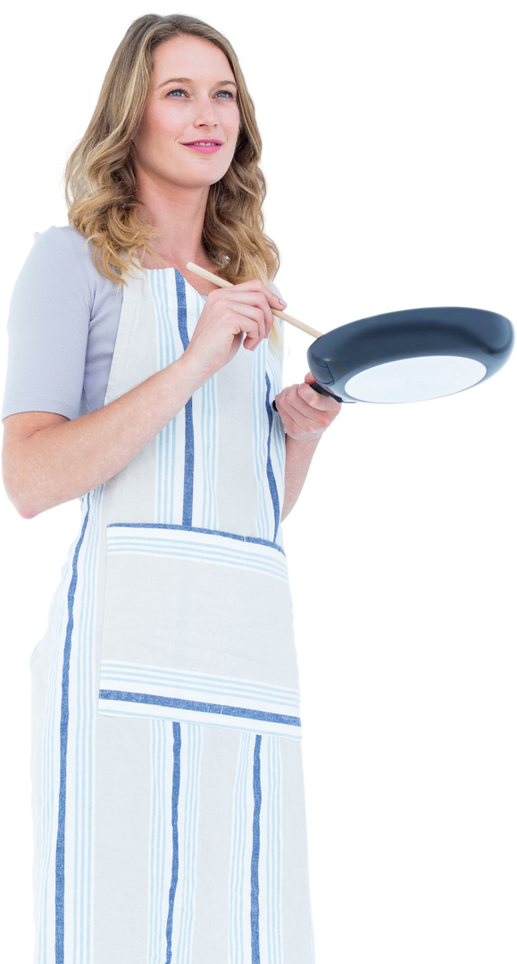 Smiling Woman Holding Frying Pan and Wooden Spoon in Transparent Background - Download Free Stock Images Pikwizard.com