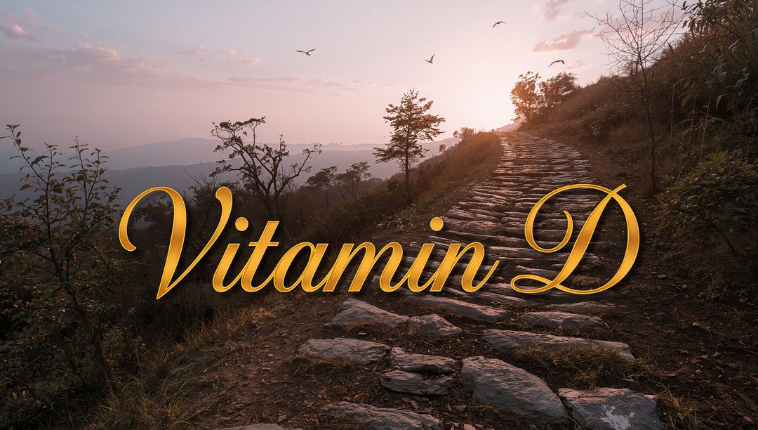 Golden cursive Vitamin D lettering over sunrise mountain trail stone path with glowing warm tones