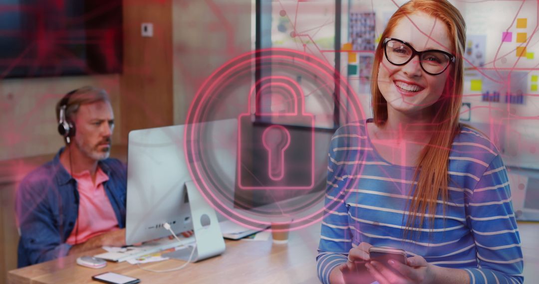 Young Woman Using Smartphone with Digital Security Overlay