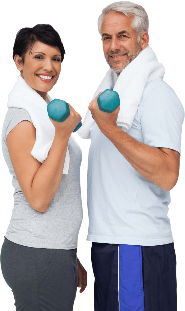 Transparent Mature Couple Exercising with Dumbbells Smiling