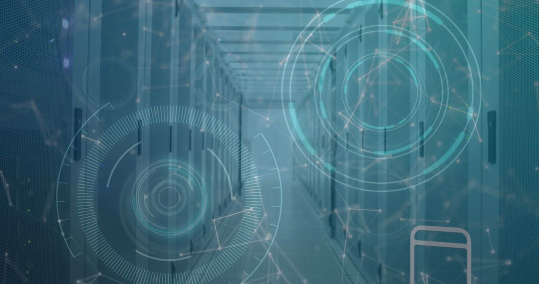 Futuristic Data Center with Digital Interface Overlay Displaying Connectivity