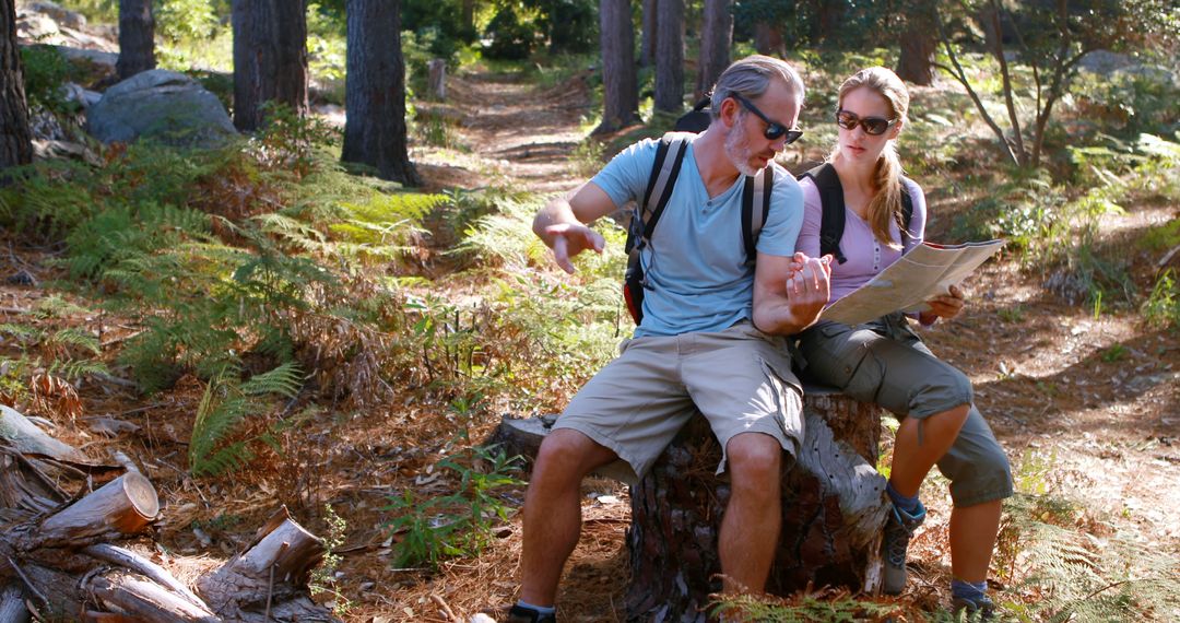 Senior Couple Resting on a Tree Stump and Navigating Forest Trail with a Map - Free Images, Stock Photos and Pictures on Pikwizard.com