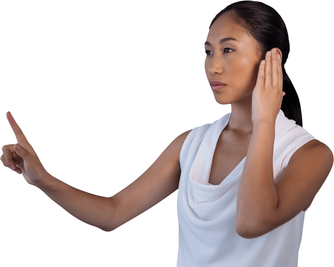 Asian Businesswoman Engaging with Transparent Digital Interface