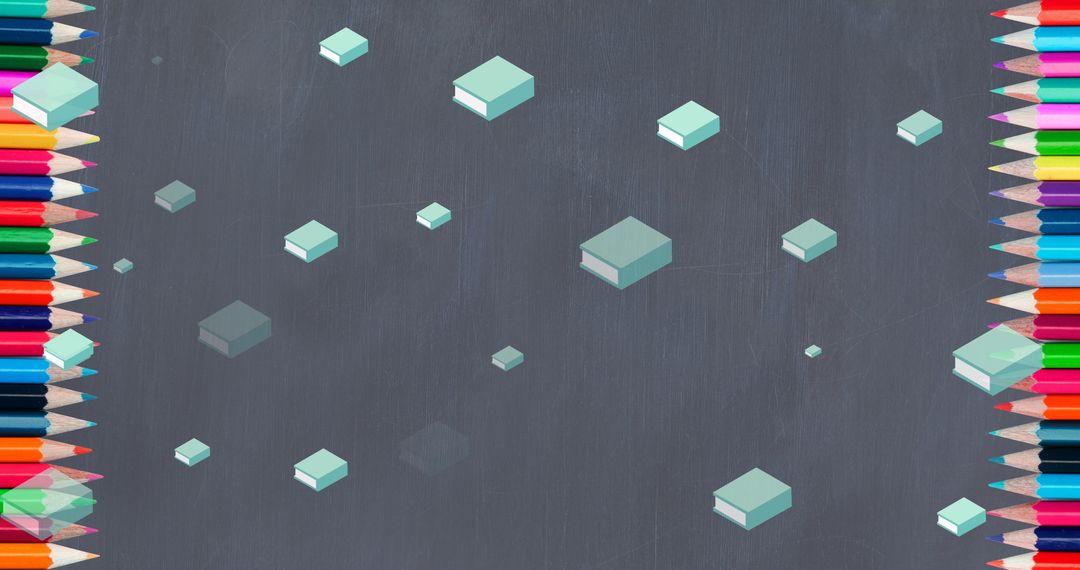 Colorful Books and Crayons on Chalkboard Background