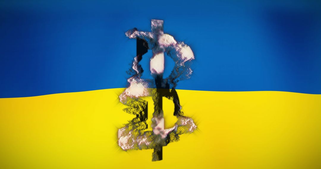 Bitcoin Symbol on Distorted Ukrainian Flag Illustration