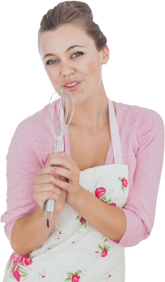 Young Maid Using Whisk as Microphone Transparent Background