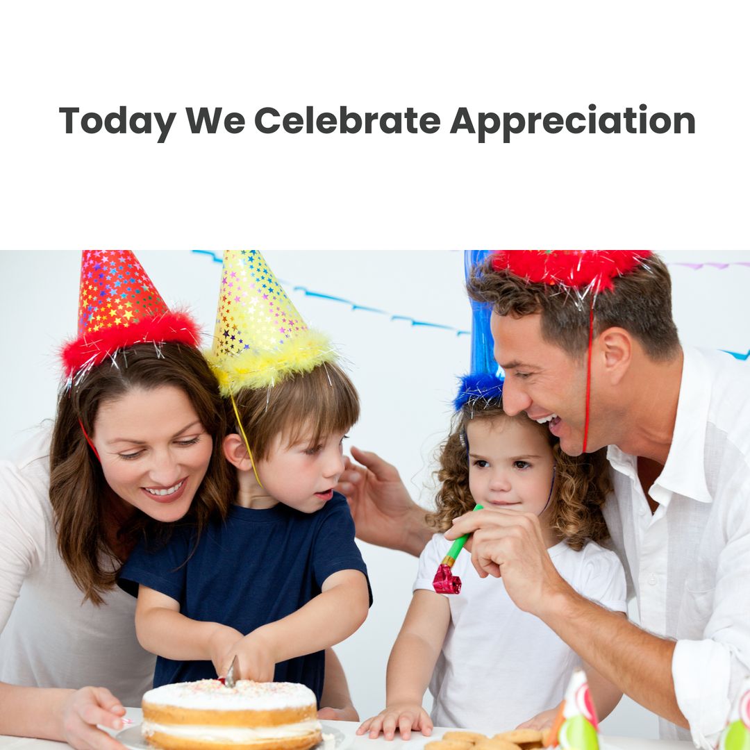 Happy Family Enjoying Celebration with Cake and Party Hats