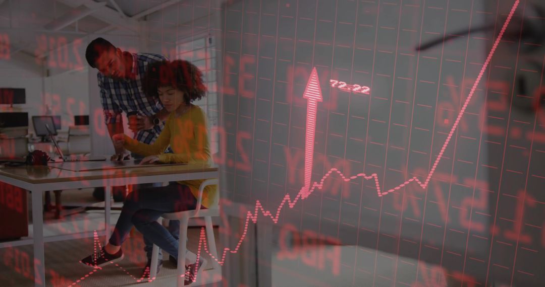 Coworkers Collaborating in Office with Stock Market Overlay