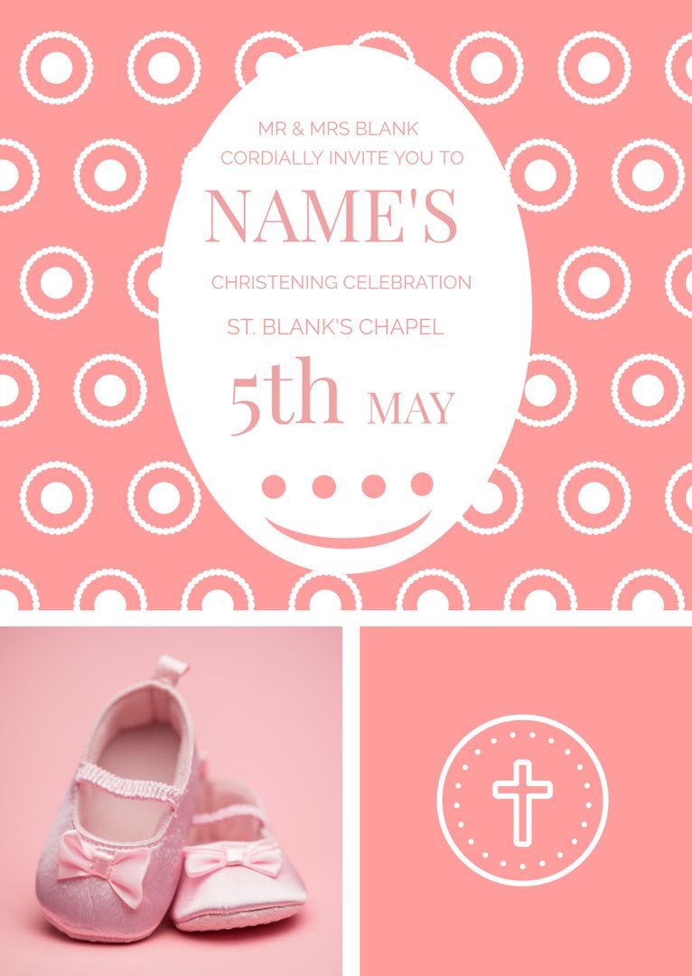 Christening Invitation with Baby Shoes and Cross on Pink Background - Download Free Stock Templates Pikwizard.com