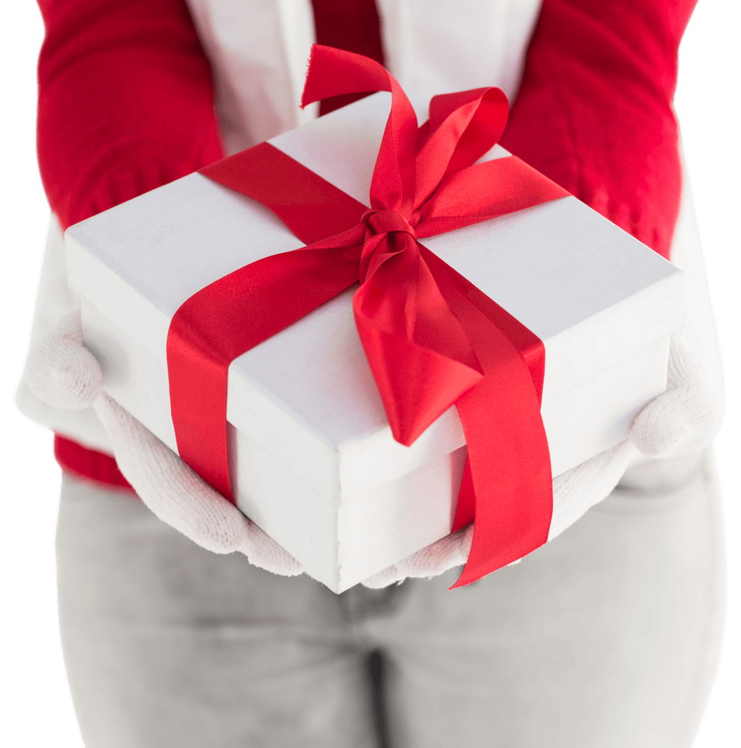 Person Giving Transparent Gift with Red Ribbon in Winter Attire