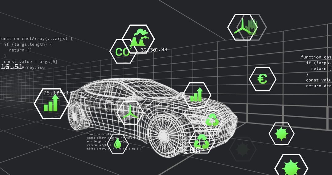 Futuristic Wireframe Car Model with Digital Infographics and Code