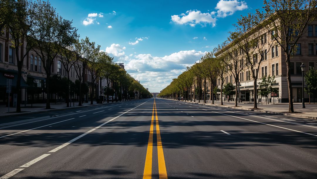 Empty downtown boulevard with double yellow lines leading to horizon, tree-lined sidewalks