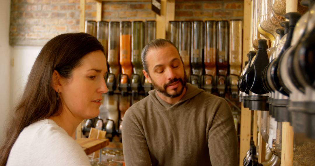 Couple Exploring Bulk Foods Section in Organic Supermarket