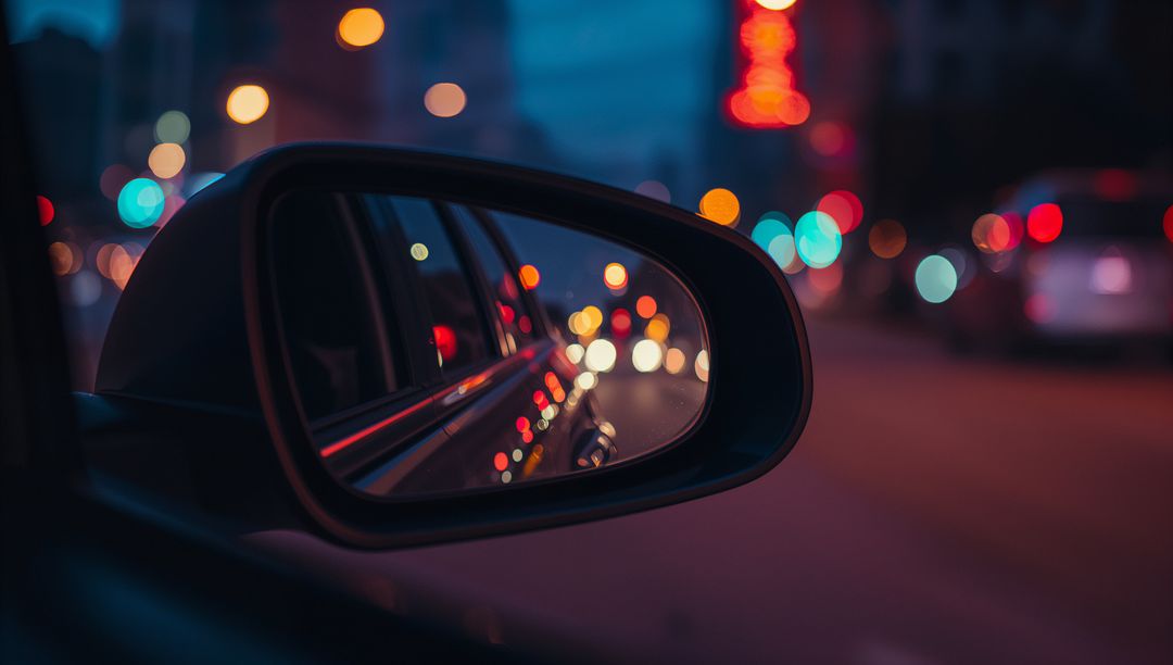 Side-View Mirror Reflecting Vibrant City Lights at Dusk