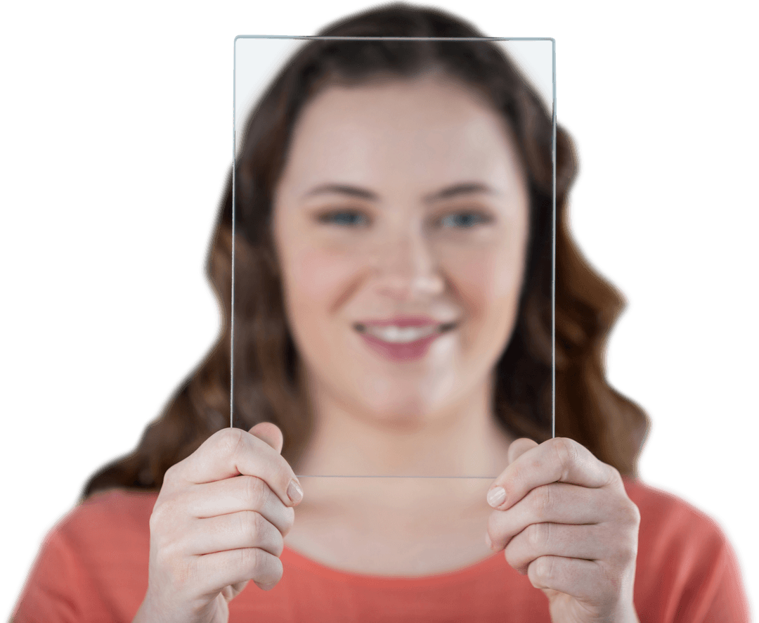 Smiling Woman Holding Transparent Glass Sheet
