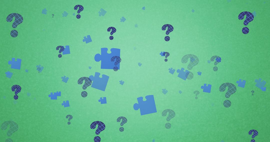 Puzzle Pieces and Question Marks on Green Background for Brain Teasers