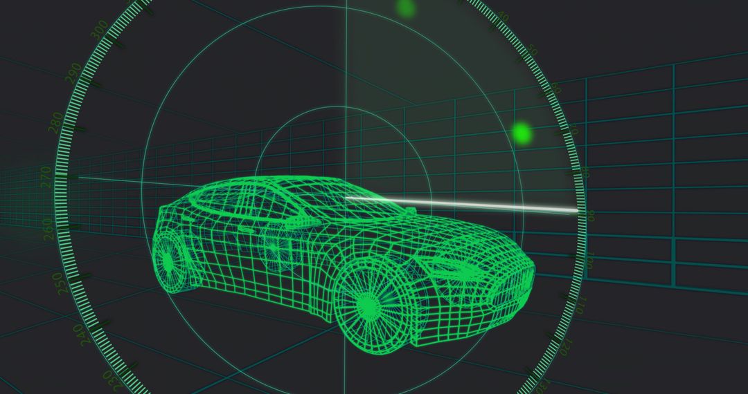 Neon Wireframe Sedan Rotating Inside Futuristic Radar HUD Over 3D Grid with Scan Beam
