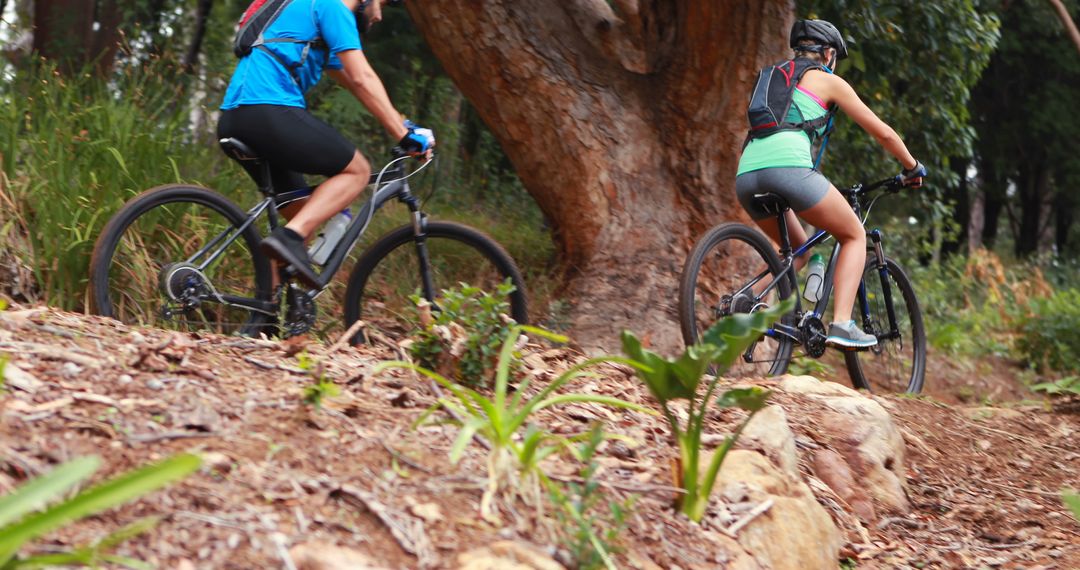 Enthusiastic Cyclists Riding Mountain Bikes on Wooded Trail - Free Images, Stock Photos and Pictures on Pikwizard.com