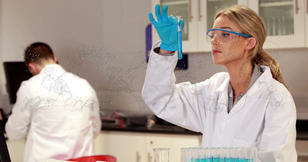 Caucasian Female Scientist Analyzing Test Tube in Cutting-Edge Laboratory