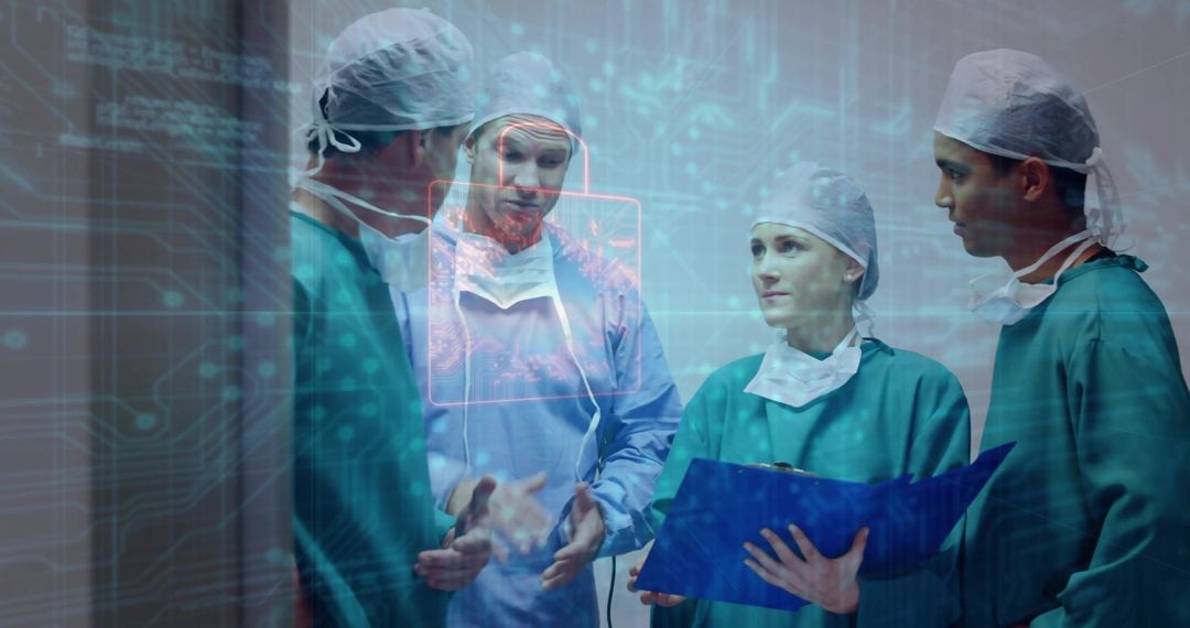 Surgeons Collaborating with Digital Interface in Hospital Corridor