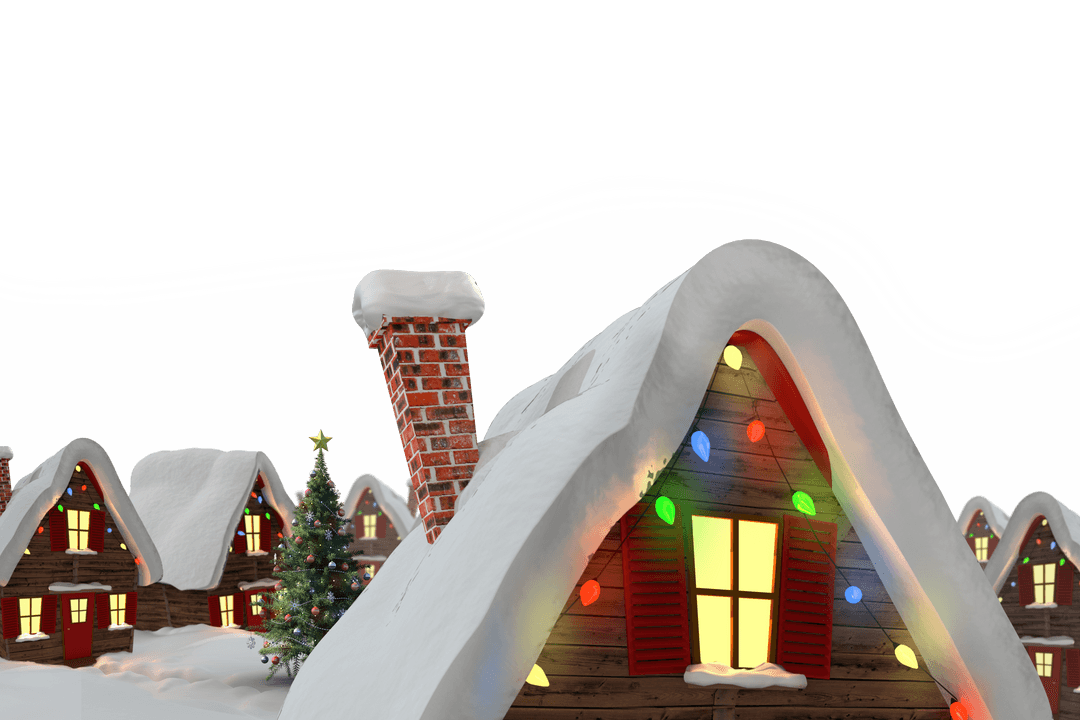 Holiday Cottages with Snowy Roofs and Christmas Lights Transparent Background