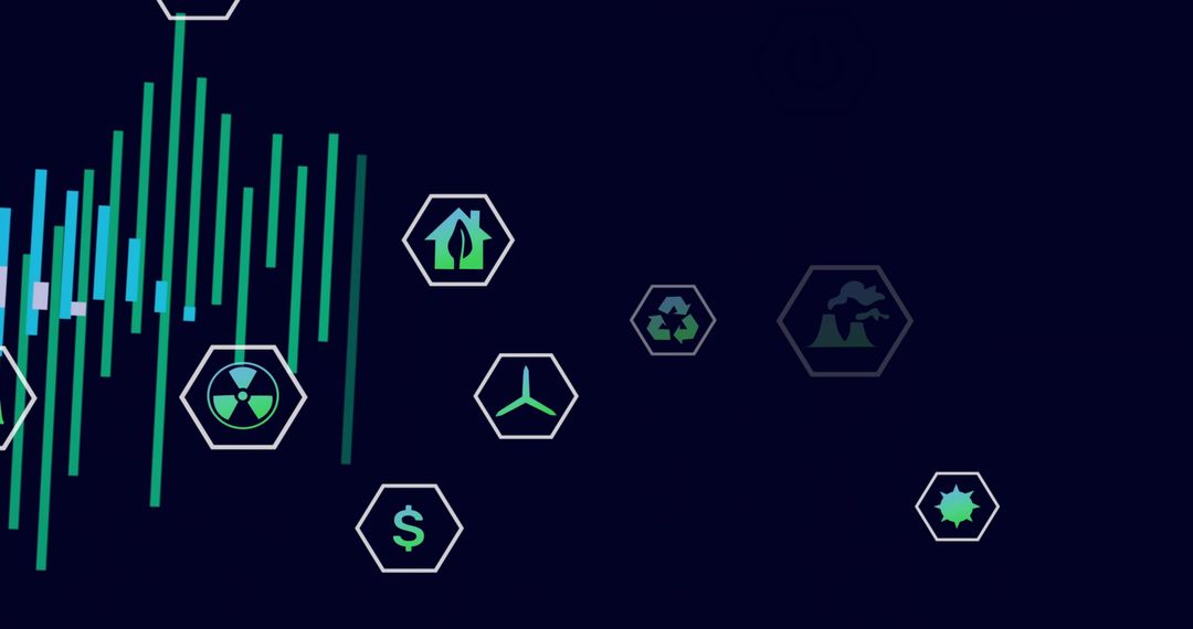 Digital dashboard showing renewable energy and finance hexagon icons with teal bar analytics