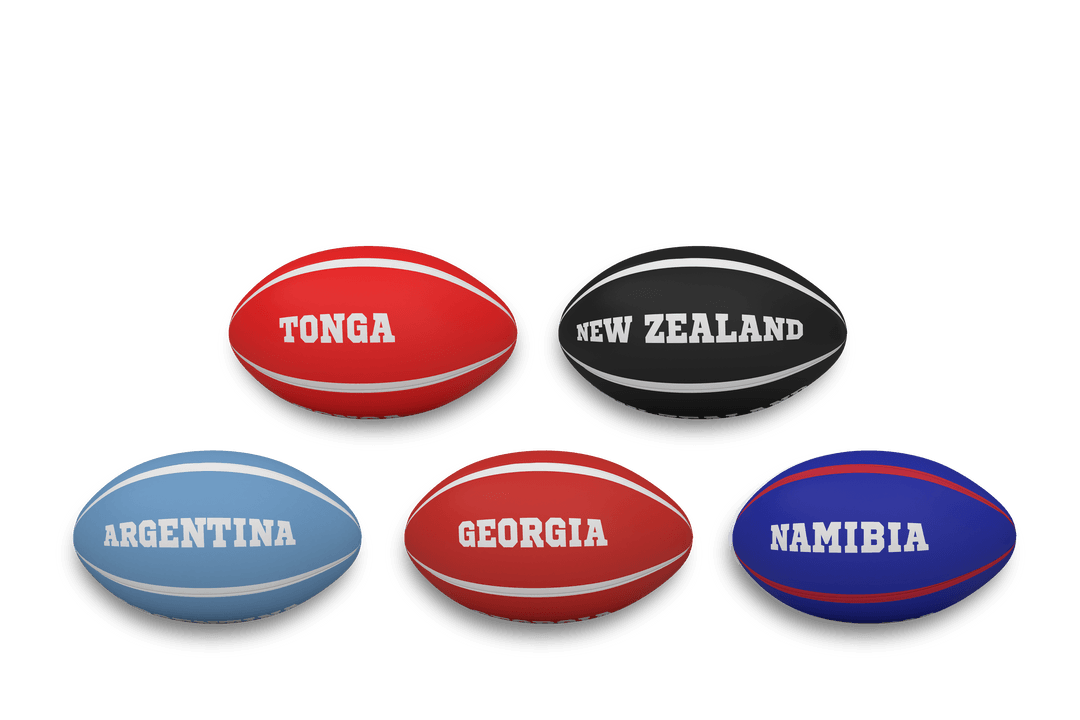 Transparent Rugby Balls Displaying Various Countries' Names