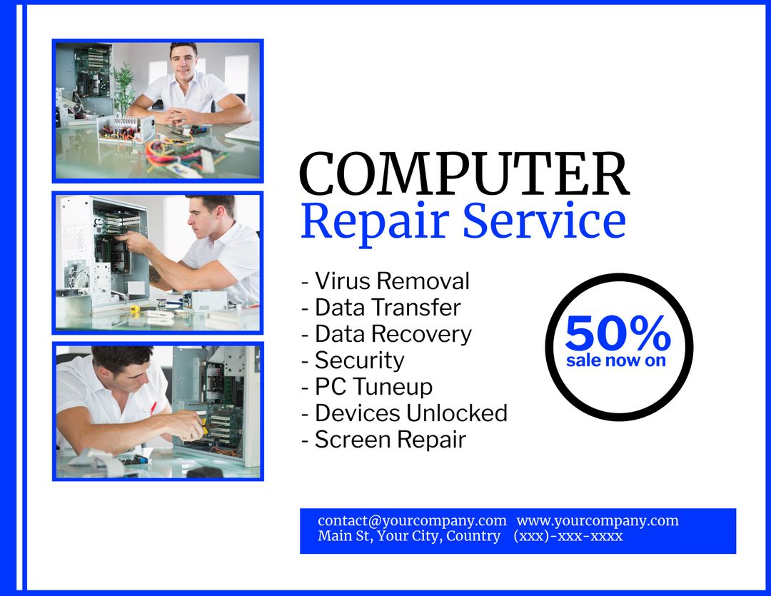Reliable Computer Repair Service Banner with Technician Highlights