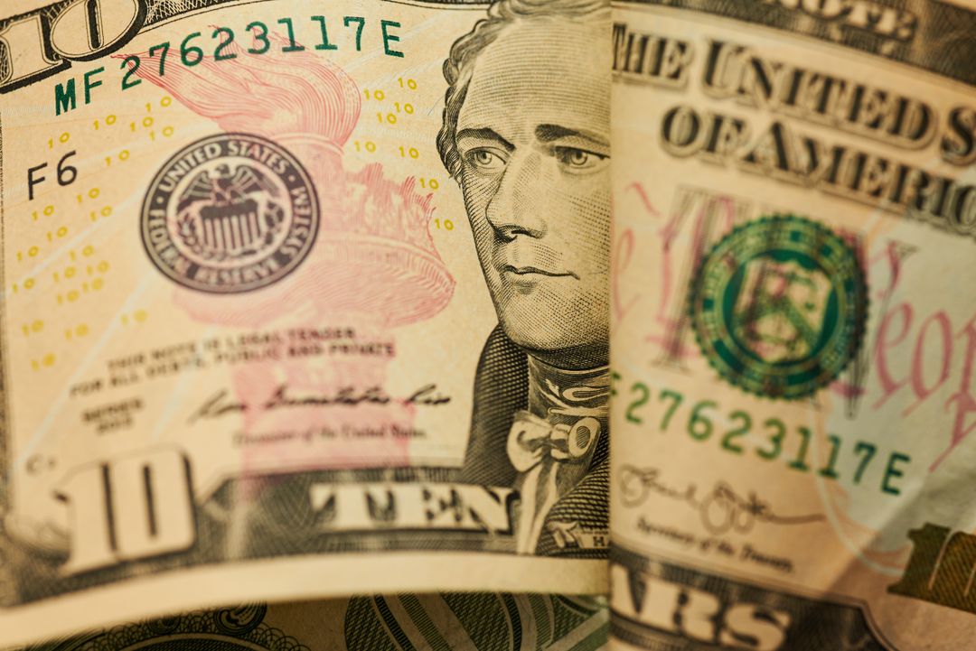 Close-Up View of US Ten Dollar Bills in Detailed Focus