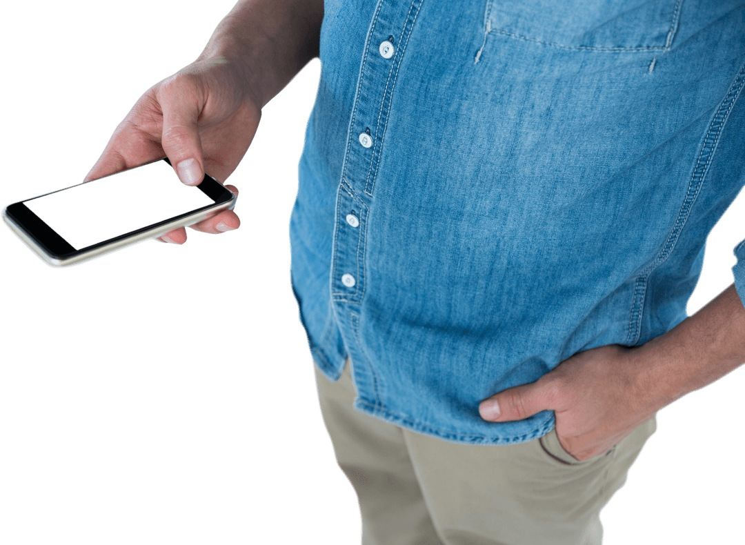 Midsection Wearing Denim Shirt Holding Smartphone on Transparent Background