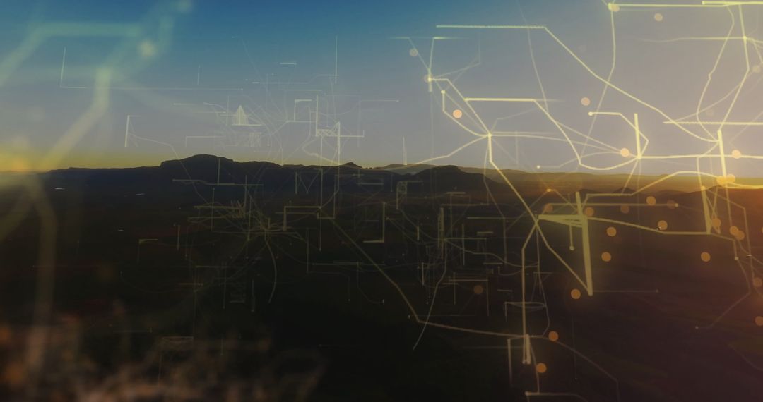 Digital Networks Across Mountain Silhouette at Dawn