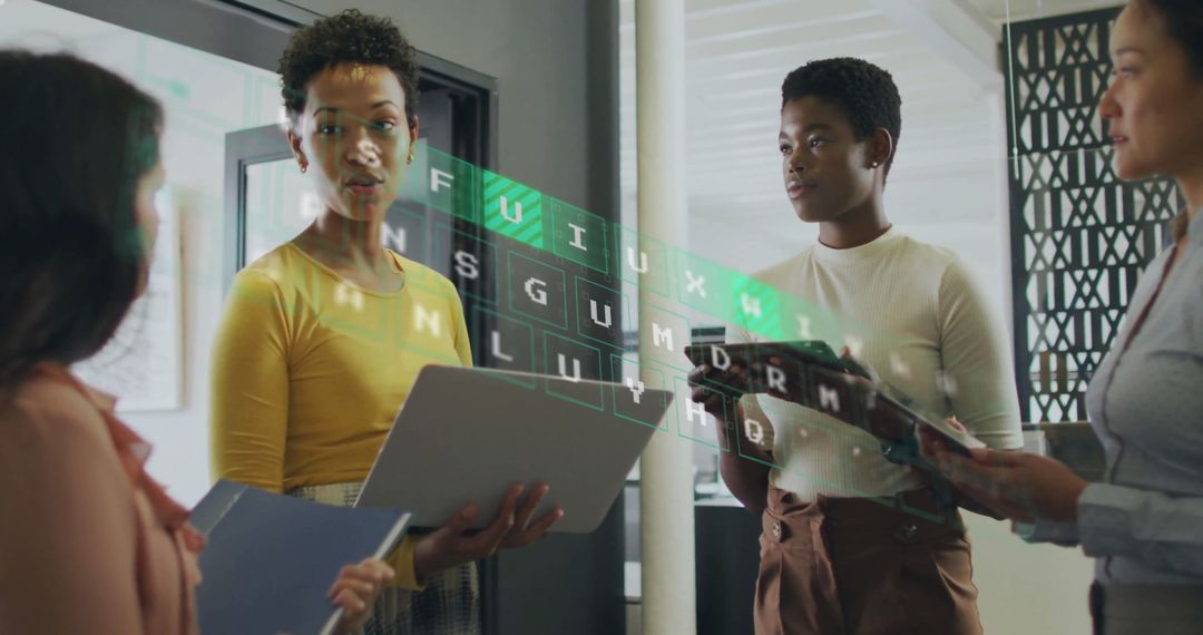 Diverse Team Collaborating with Digital Interface Projection