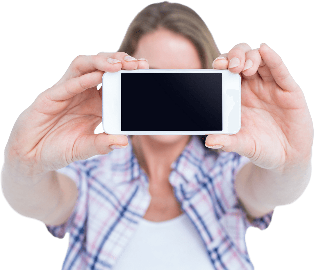 Woman Holding Smartphone for Selfie with Transparent Background