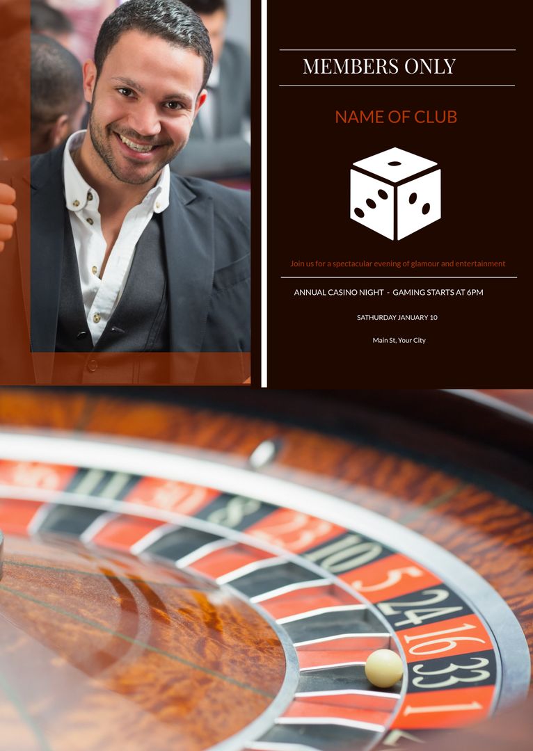 Exclusive Casino Night Event Invitation with Roulette Wheel and Smiling Man - Download Free Stock Templates Pikwizard.com