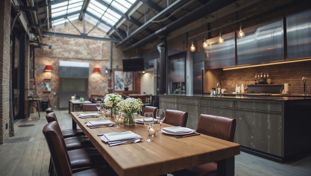Industrial Loft Dining Table Set for Entertaining with Rustic Kitchen and Centerpiece