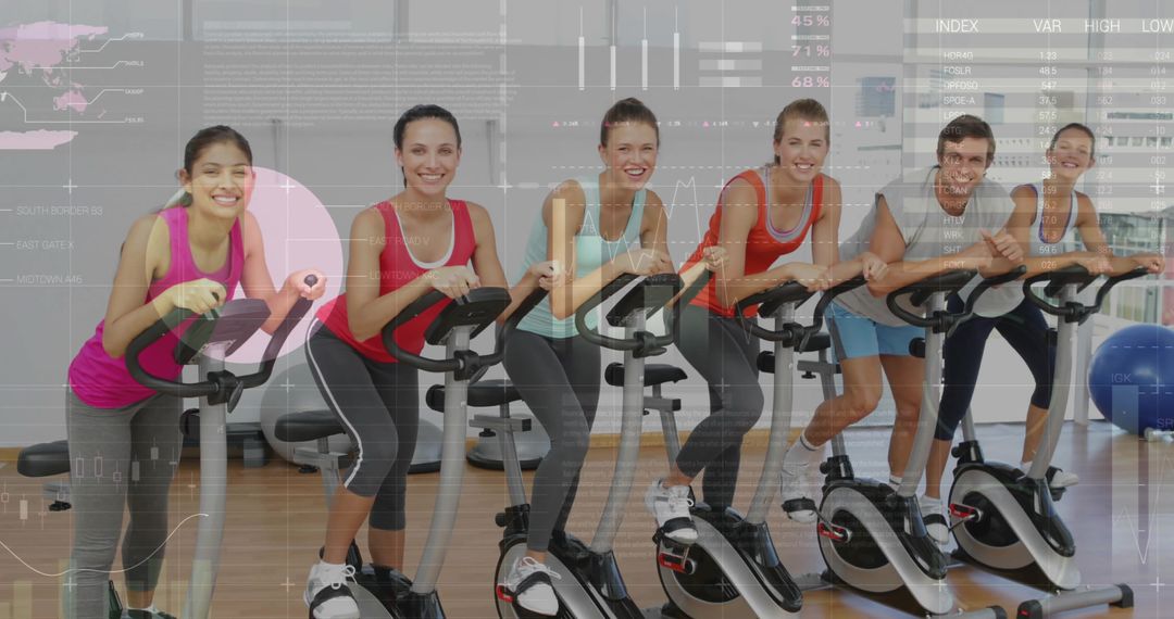 Group Spin Class with Happy Attendees on Exercise Bikes