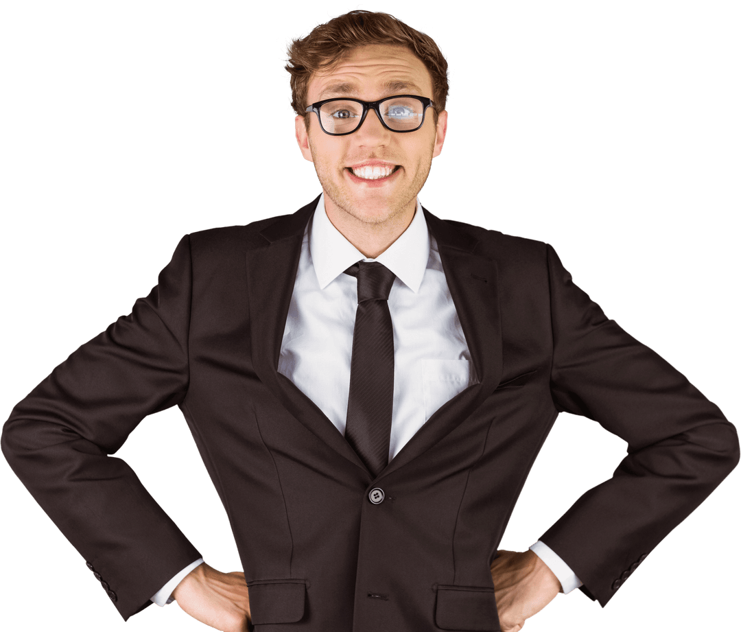 Young Geeky Businessman Smiling with Confidence Face Transparent