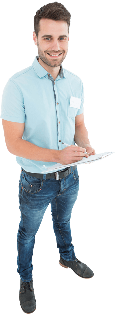 Confident Delivery Man Writing on Transparent Clipboard