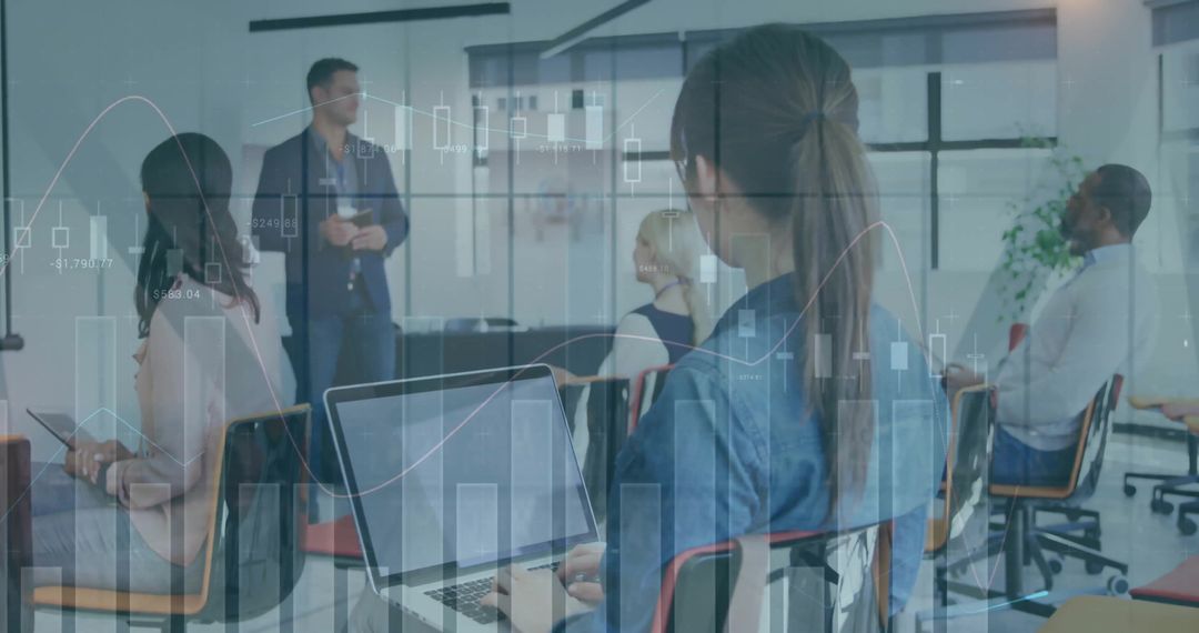 Diverse Team in Office Meeting with Digital Data Overlay