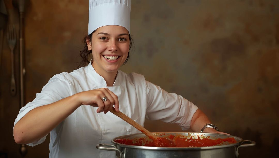 Smiling Chef Preparing Soup in Professional Kitchen