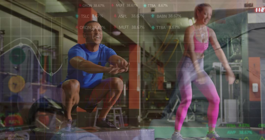 Fitness Partners Performing Box Jumps at Gym with Chart Overlays