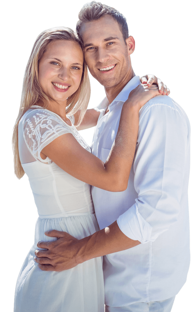 Transparent Embracing Happy Caucasian Couple on White