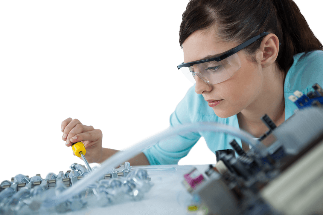 Woman Carefully Repairing Computer Motherboard on Transparent Background