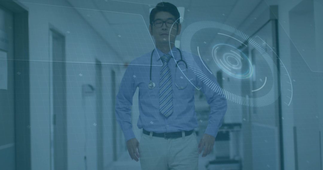 Futuristic Medical Technology with Confident Doctor in Hospital Corridor
